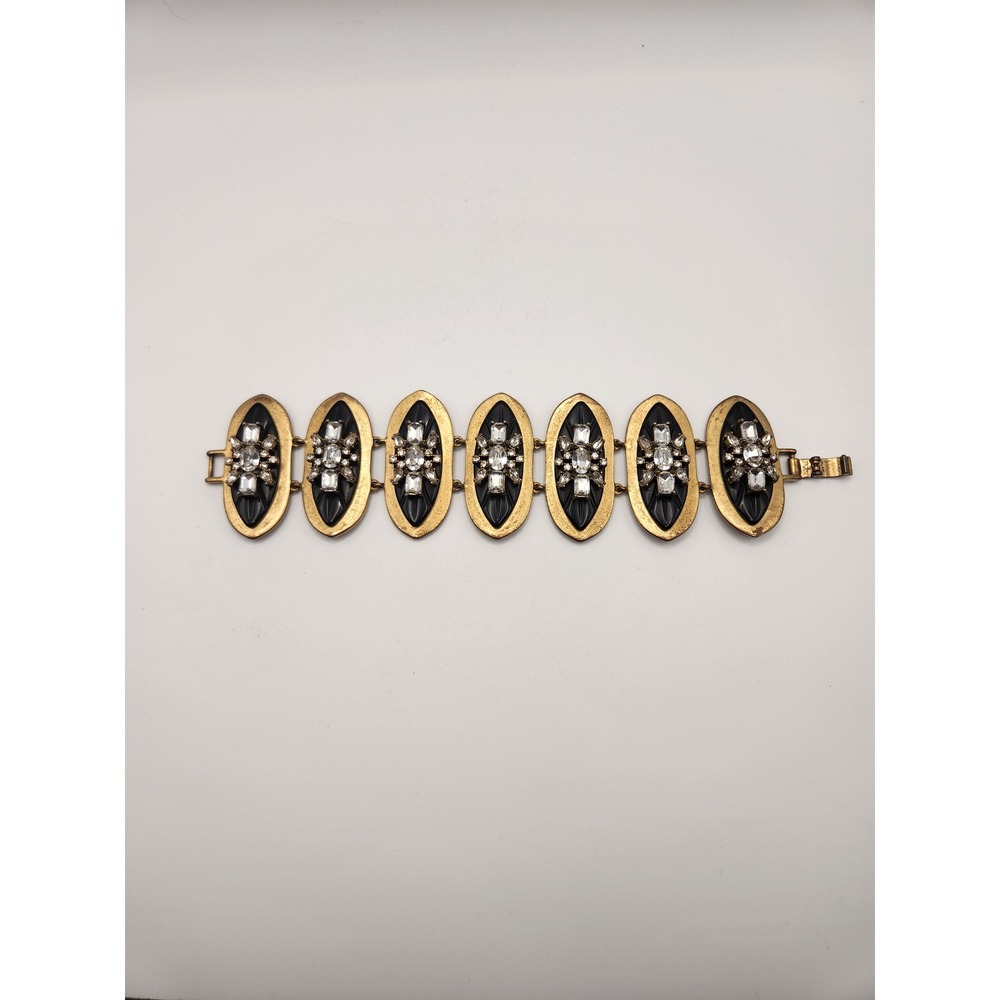 J.Crew‎ Black Resin Gold Tone Crystal Starburst Oval Link Statement Bracelet